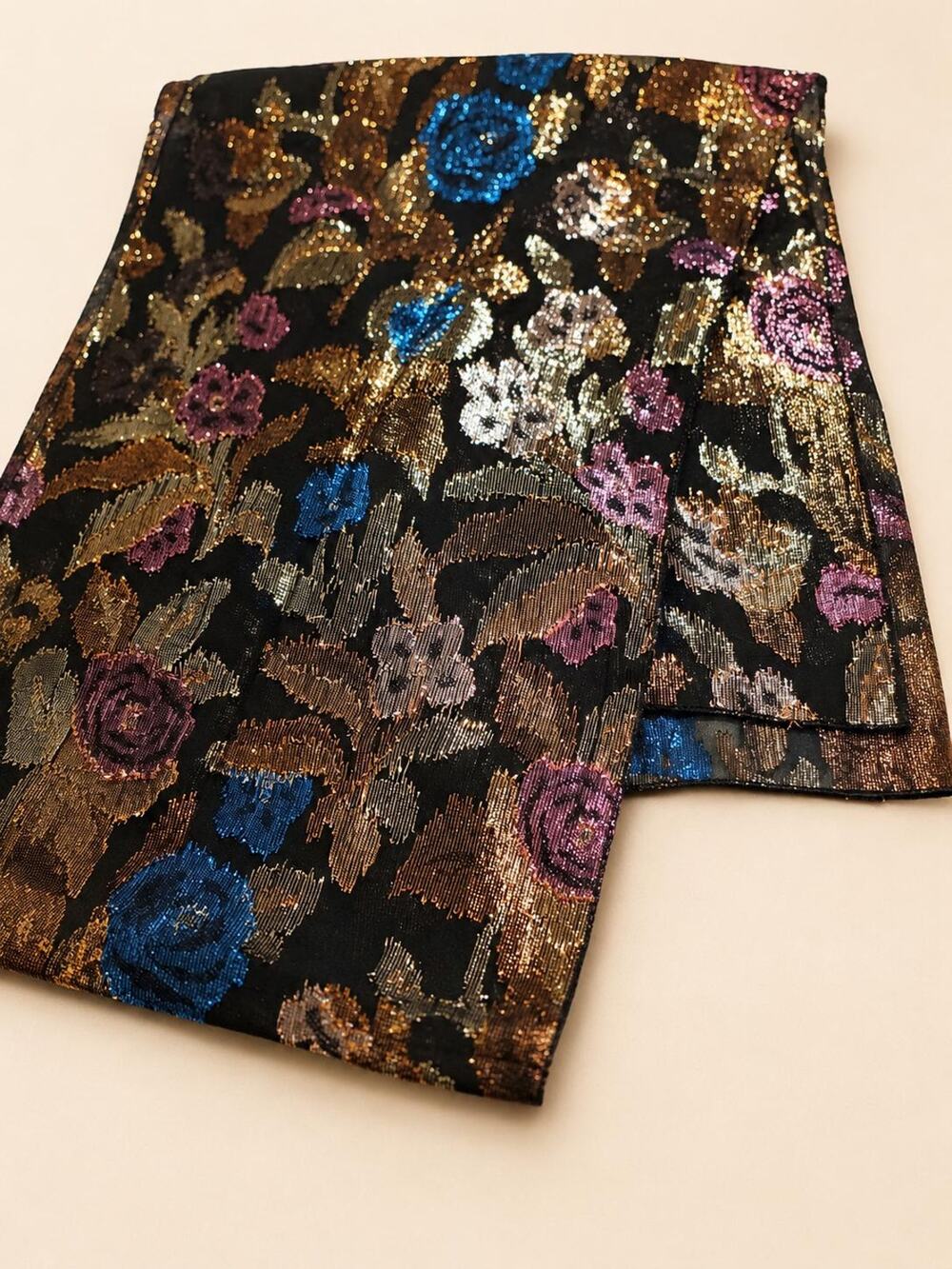Vintage Metallic Floral Jacquard Scarf Black Gold Blue Pink Evening Sash